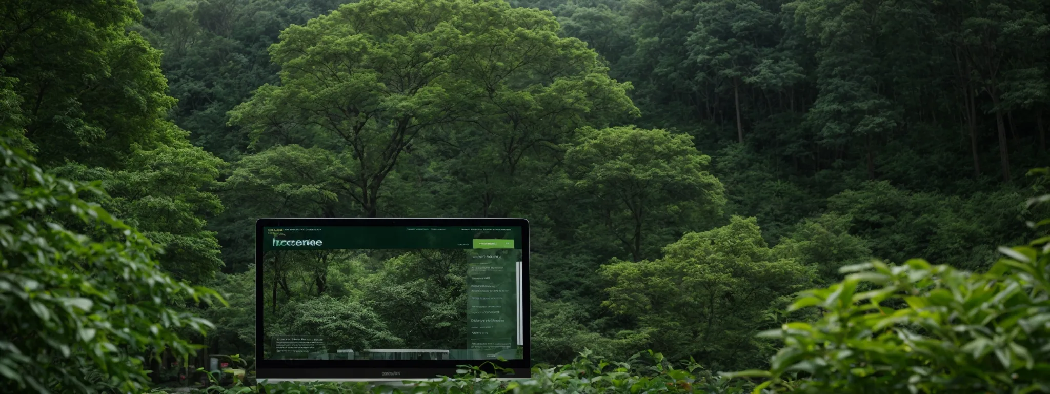 a computer screen displaying a tree care website with various service options against a backdrop of lush green foliage.