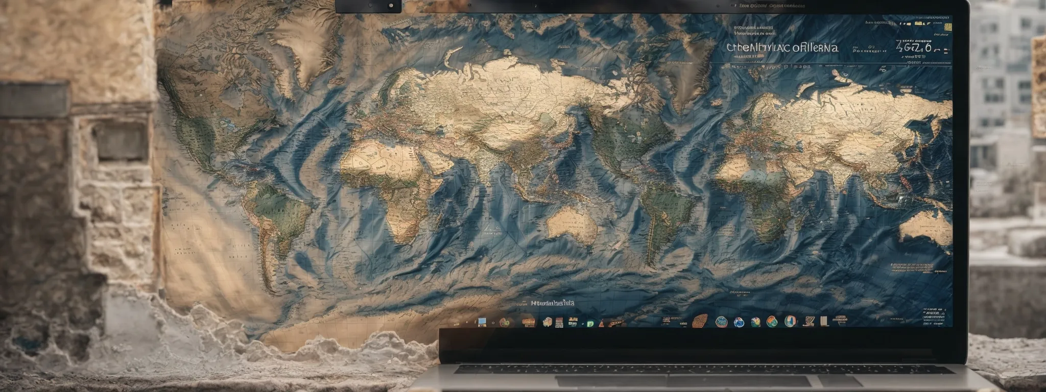 a laptop displaying a world map overlaid with multiple language symbols, symbolizing global seo reach via drupal.