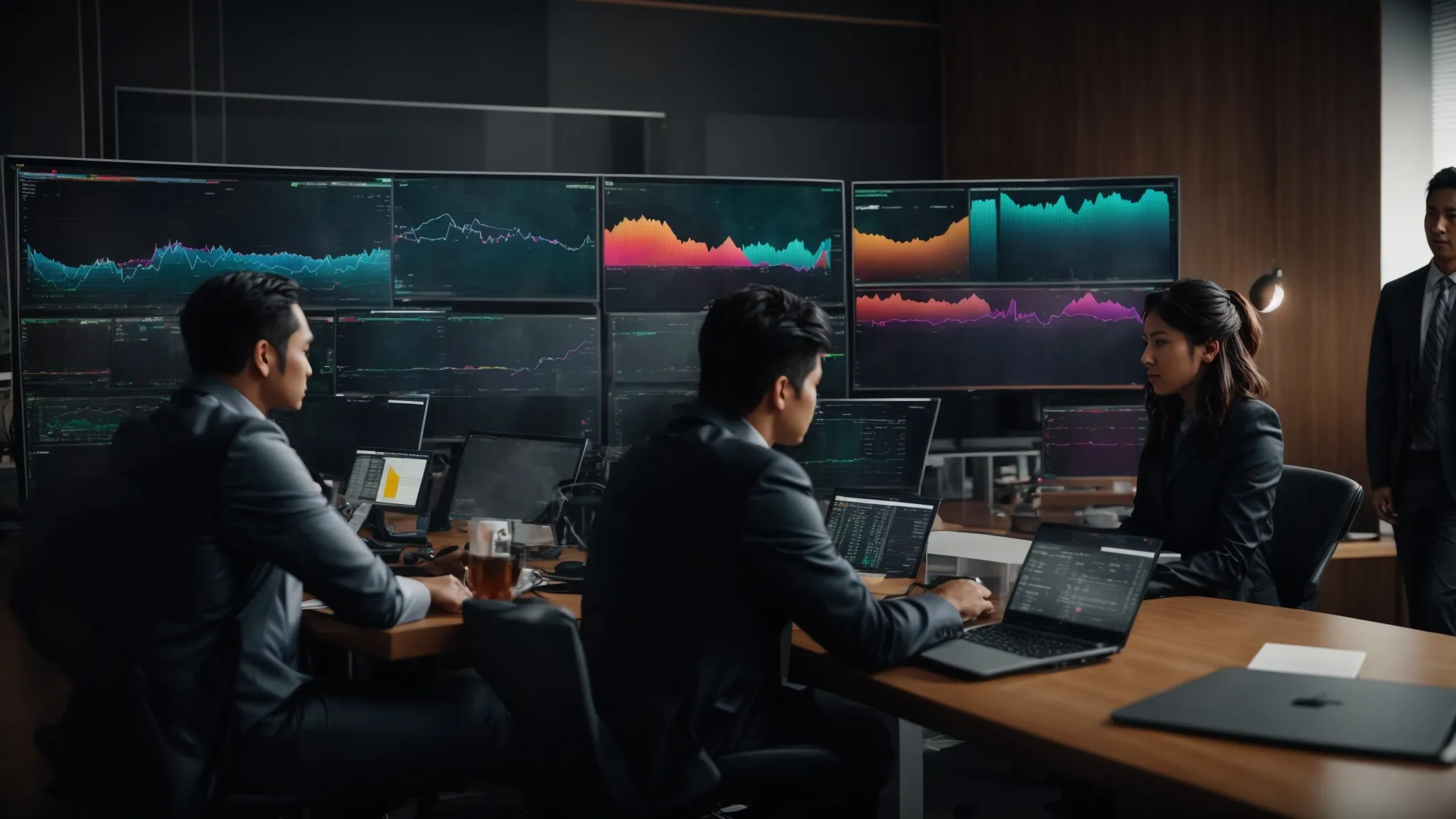 a team of professionals congregates around a large monitor displaying colorful graphs and analytics dashboards.