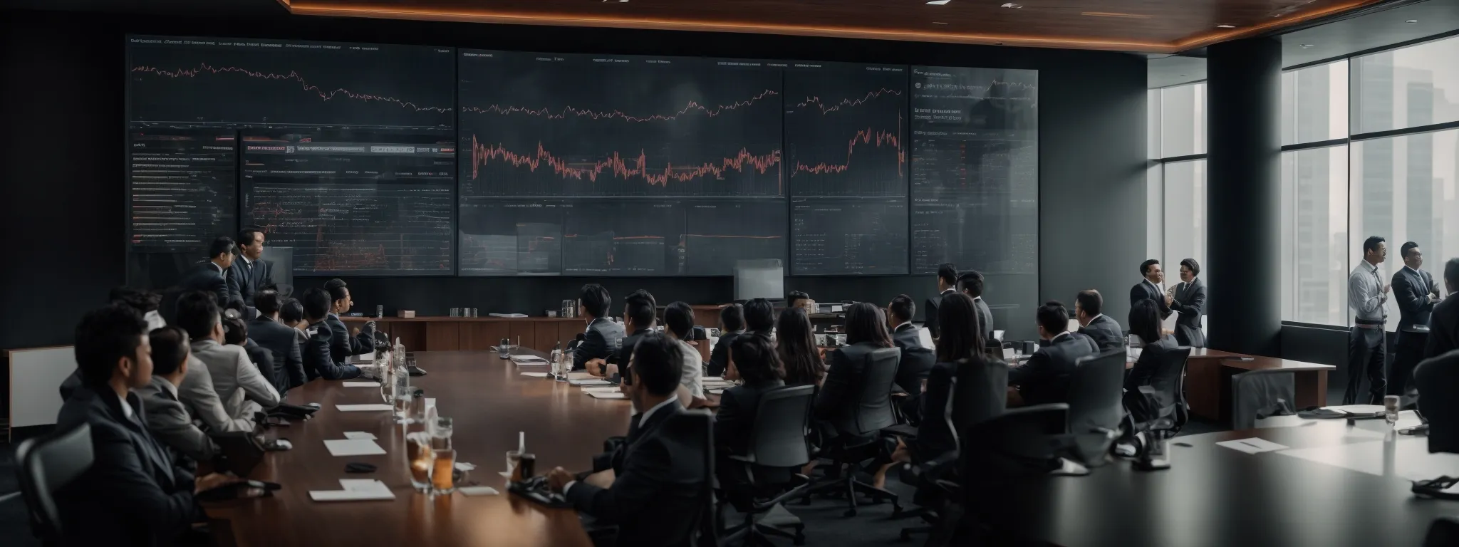 a conference room with a large screen displaying seo analytics graphs, where digital executives gather to strategize.