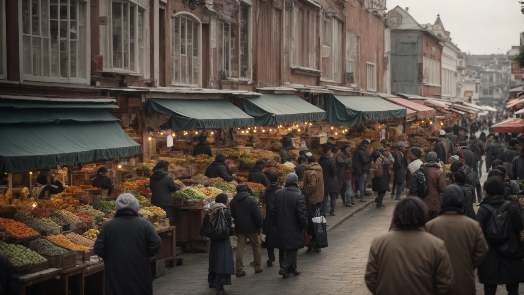 a bustling local marketplace with various storefronts attracting a crowd of shoppers.