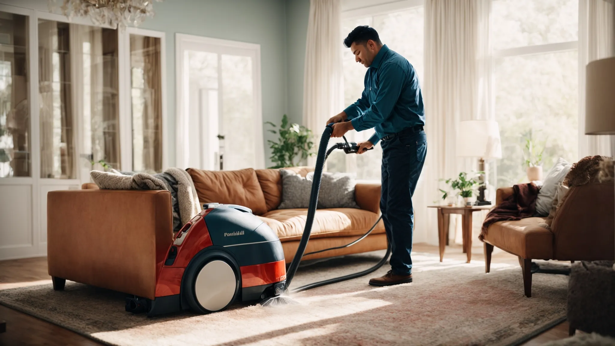 a professional carpet cleaner operates a steam cleaning machine across a vibrant, well-lit living room.