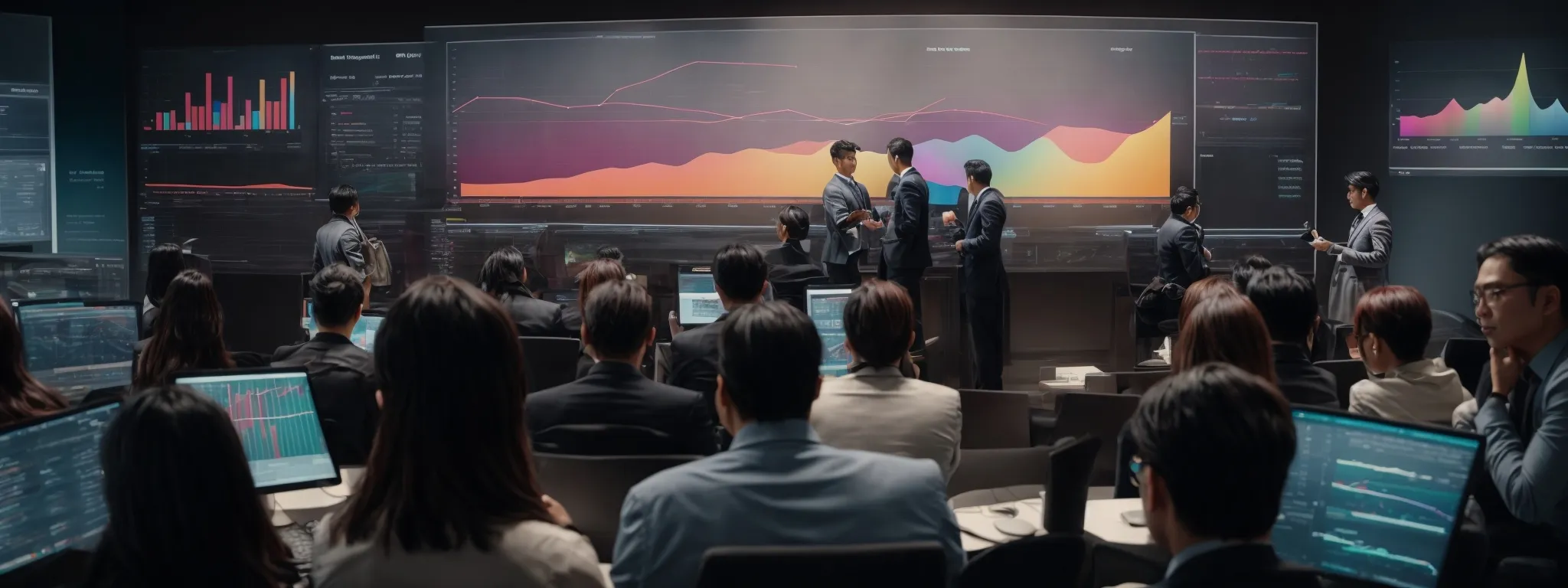 a group of professionals gathered around a large screen displaying colorful graphs and analytics.