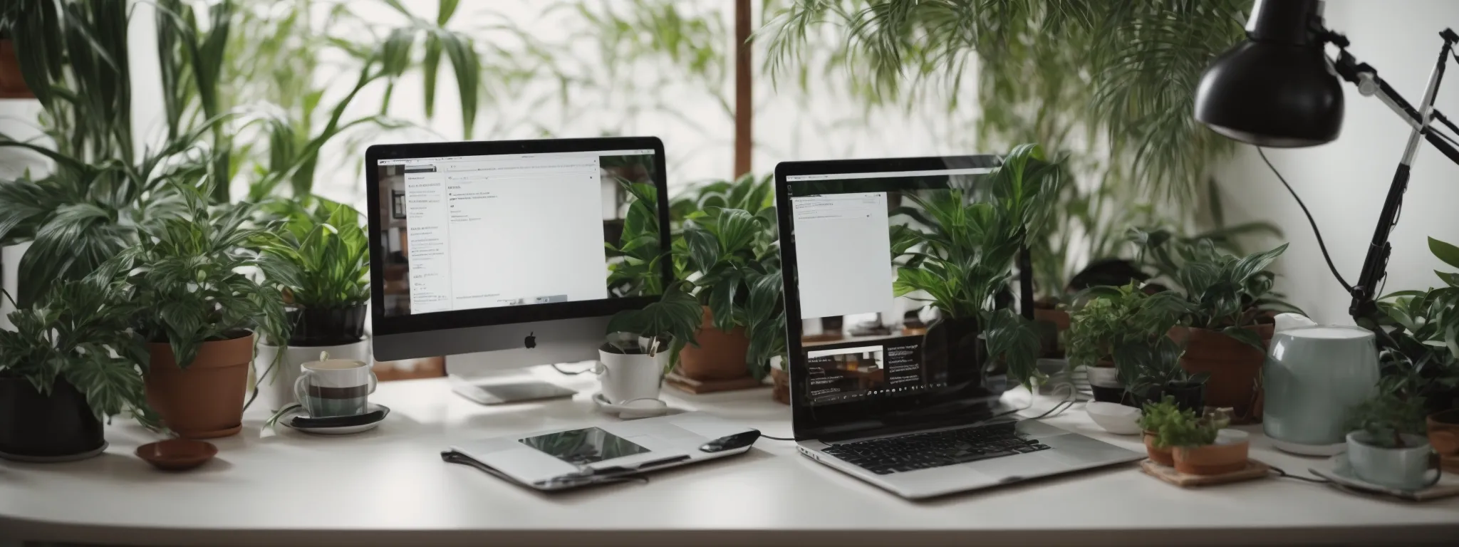 a clean desk with a computer showing a search engine results page and a serene background with indoor plants reflecting a calm work environment.