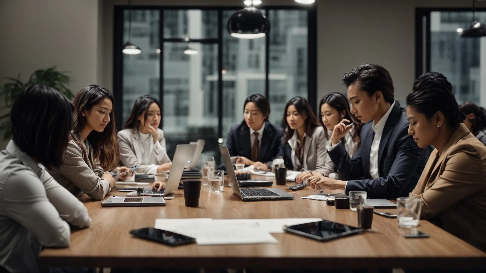 a group of professionals gathered around a conference table with multiple digital devices, engaged in a strategic planning session.