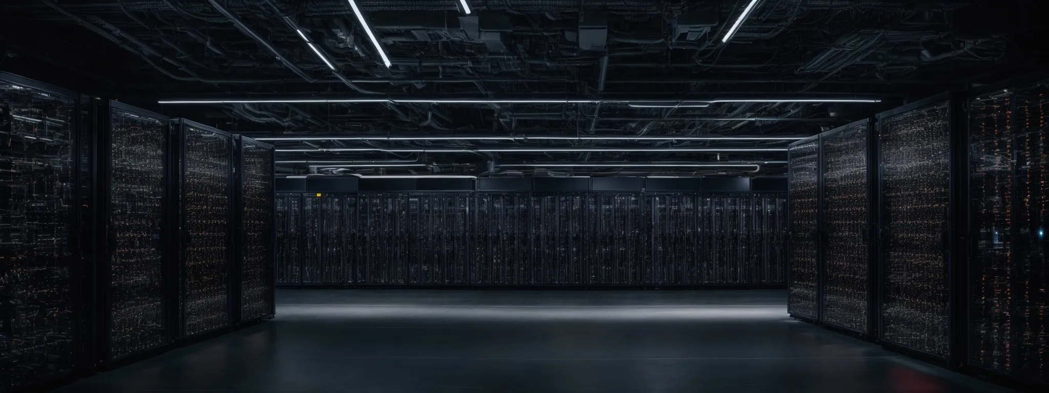 a vast server room with rows of computers and blinking lights representing google's expansive data infrastructure.