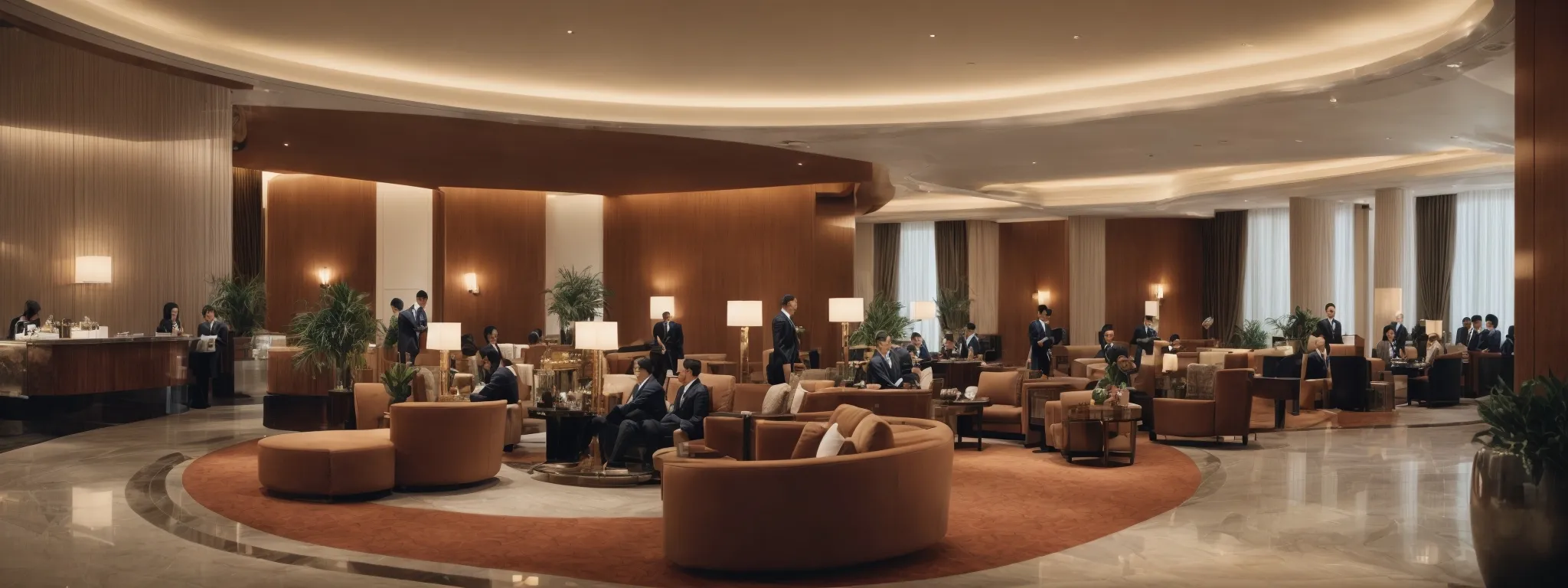 a panoramic view of a luxurious hotel lobby bustling with guests, emphasizing the prestige and relevance of the hospitality venue in the digital landscape.