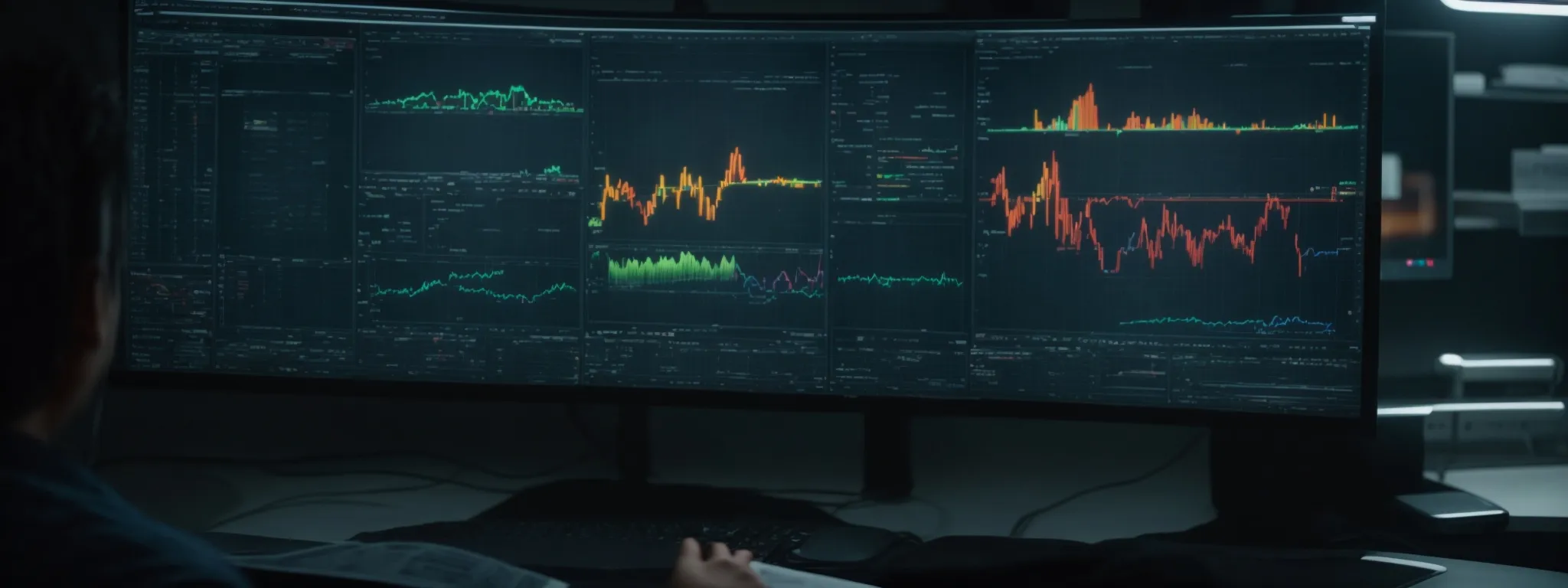 a person interacting with an advanced graphical user interface representing complex data analysis on a high-resolution screen.