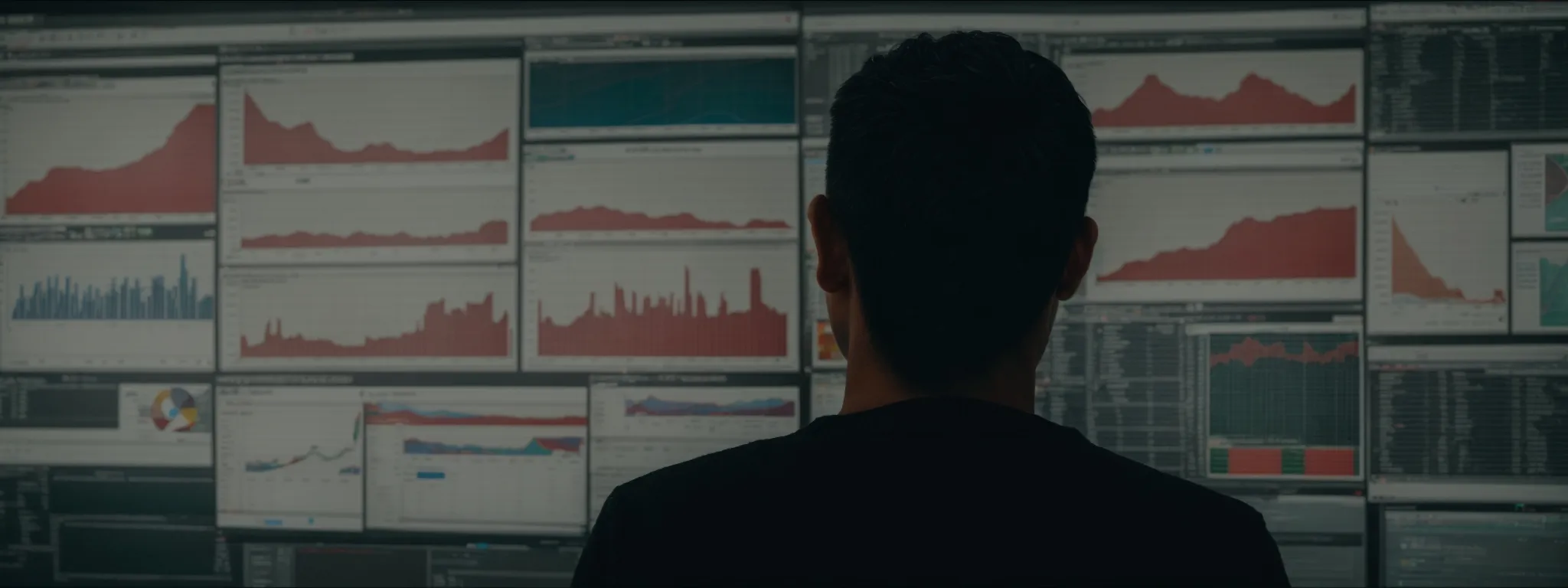 a webmaster intently studies a computer screen displaying a website's sitemap and search analytics graphs.