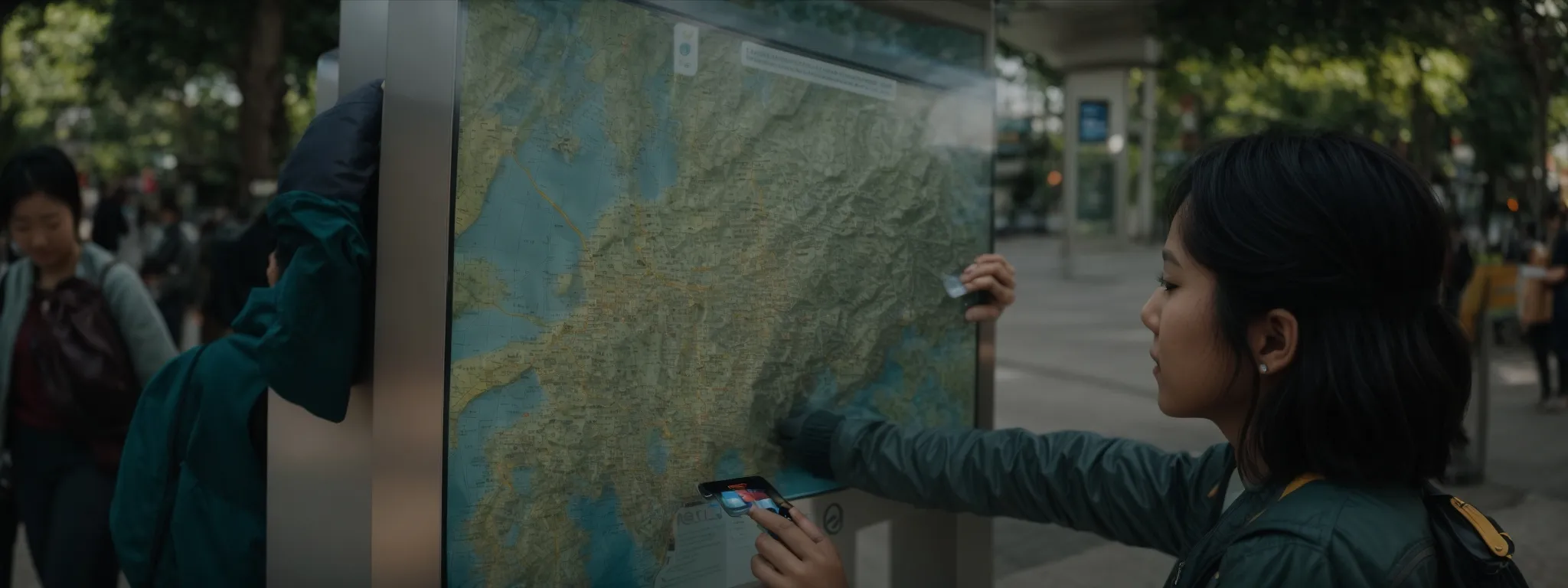 a traveler interacts with an intuitive touchscreen map at an information kiosk.