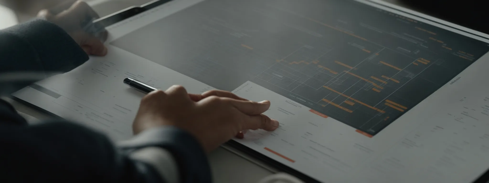 a close-up of a professional's hands laying out a clear roadmap on a digital tablet, symbolically integrating seo and ppc elements into a cohesive marketing plan.