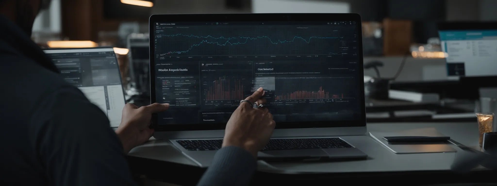 a web developer scrutinizes a mobile display of a website's analytics dashboard to optimize for search engine performance.