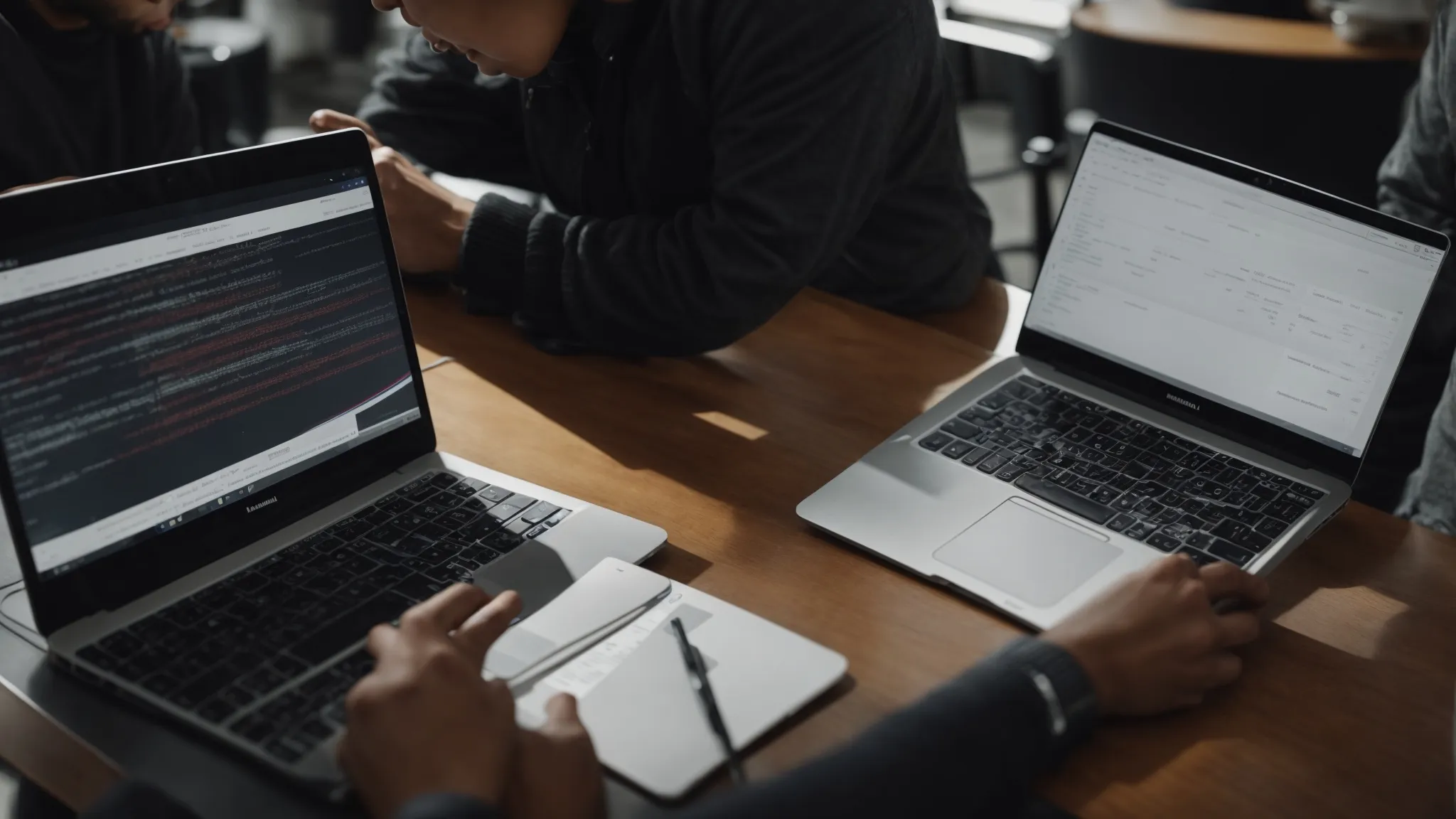 a close-up view of two people working on laptops at a coffee shop, one analyzing data graphs and the other typing creatively on a keyboard.