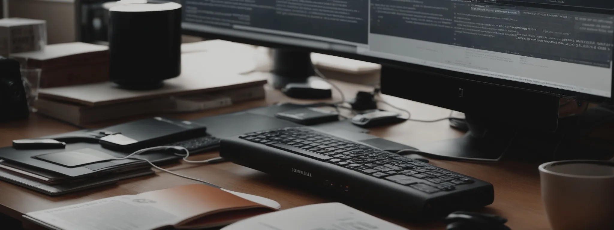 a computer with analytics on the screen, surrounded by marketing strategy books and a notepad with seo notes.