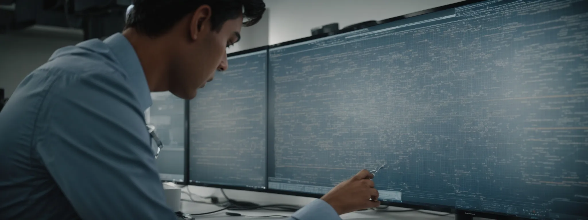 a person analyzing a complex network diagram on a large monitor in a bright office.
