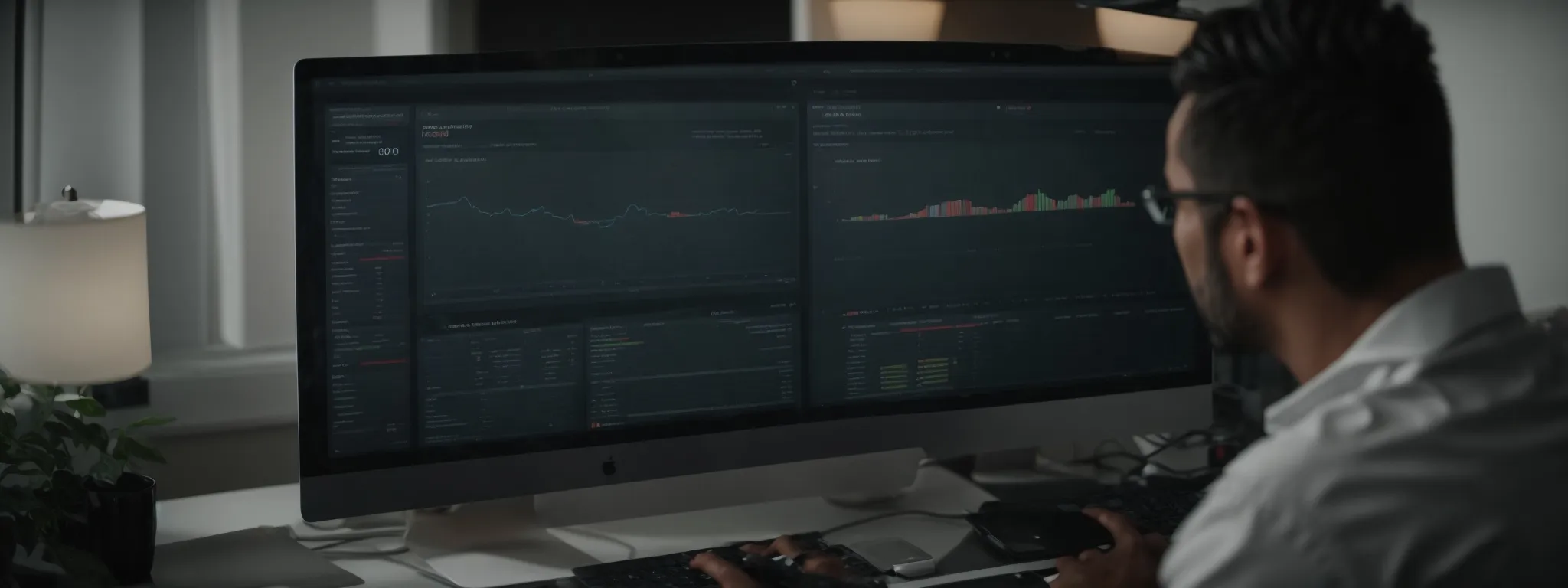 a marketer analyzing an seo dashboard on a computer screen with charts and graphs.