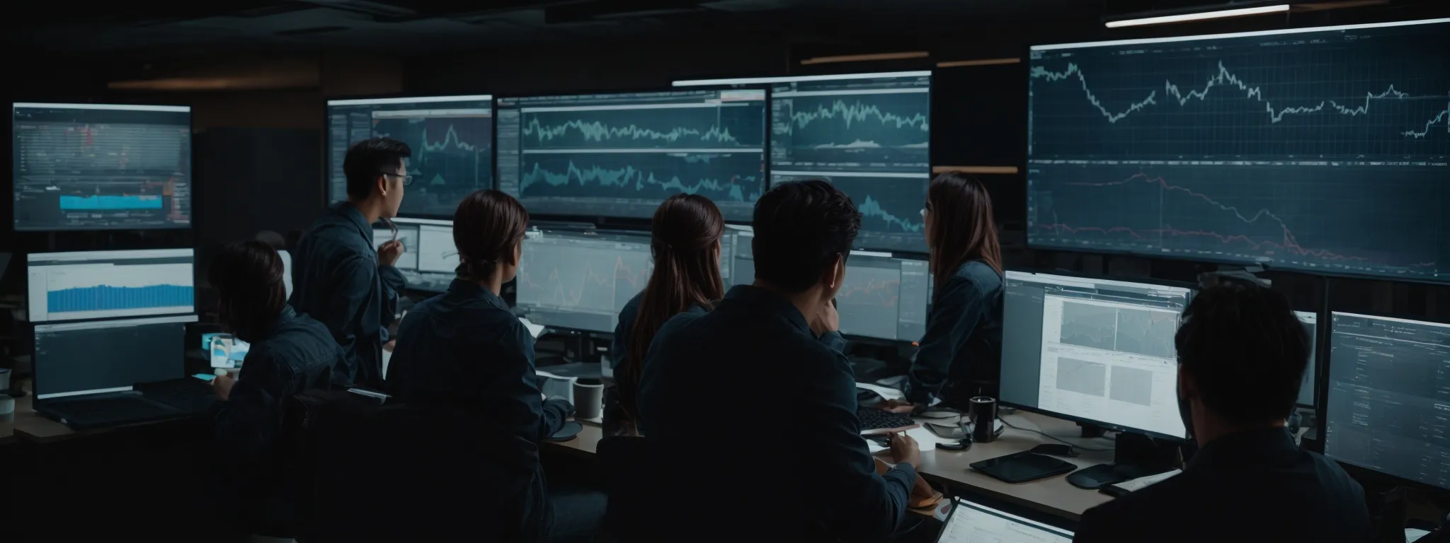 a group of professionals gathered around a large computer screen, analyzing graphs and data related to website traffic.