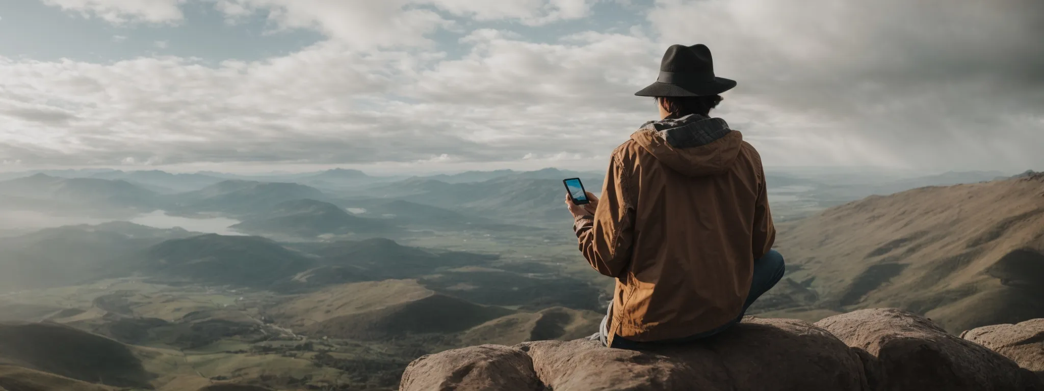 a traveler immersed in awe at a panoramic vista while swiping through a travel app on their smartphone.
