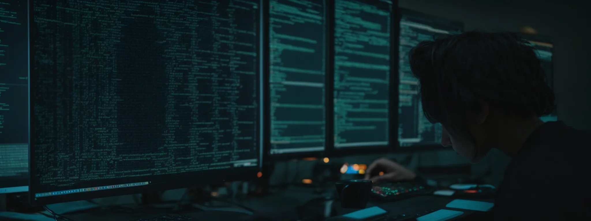 a web developer scrutinizes lines of code on a computer screen, optimizing a website's seo.