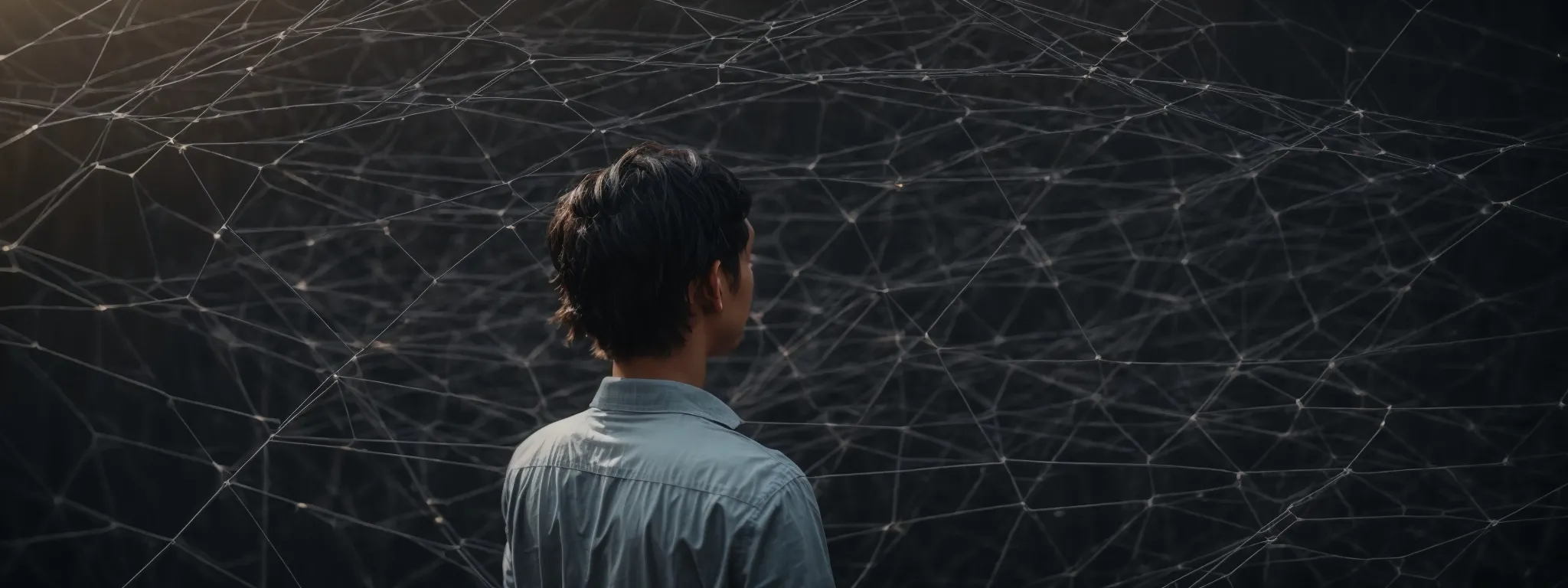 a digital marketer demonstrates a labyrinthine web of interconnected nodes symbolizing a website's structured internal linking system.