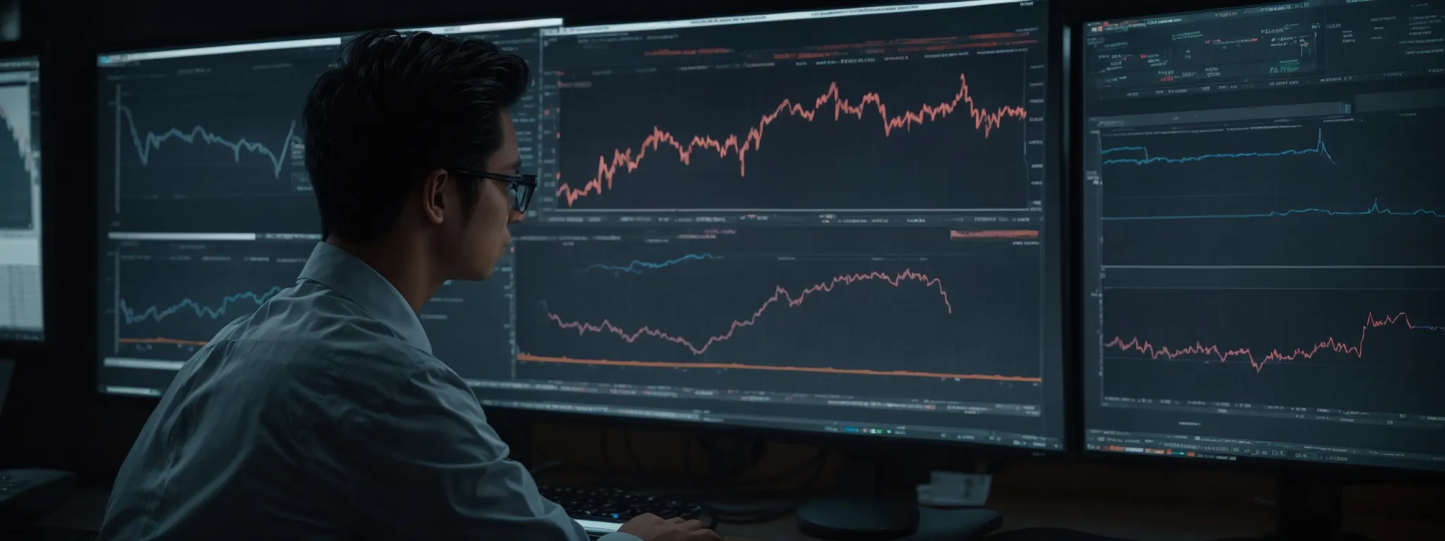 a focused individual analyzing complex graphs and charts on a computer screen, reflecting website traffic statistics.