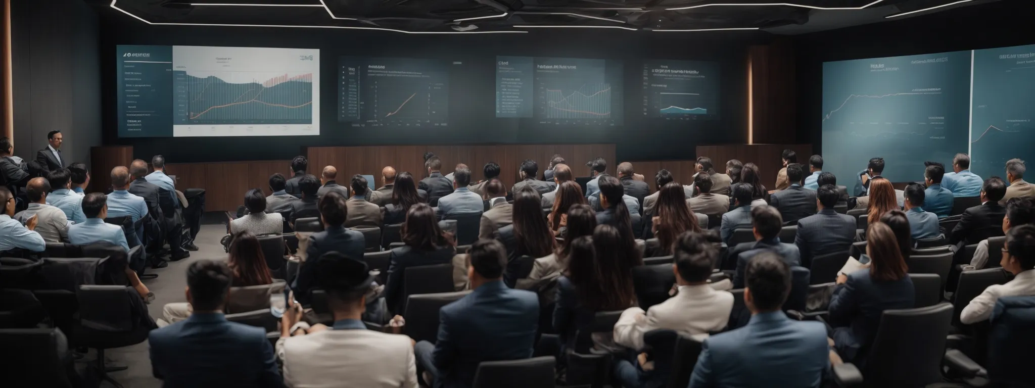 a group of professionals attentively listens to a speaker at a modern conference room with digital screens displaying seo analytics.