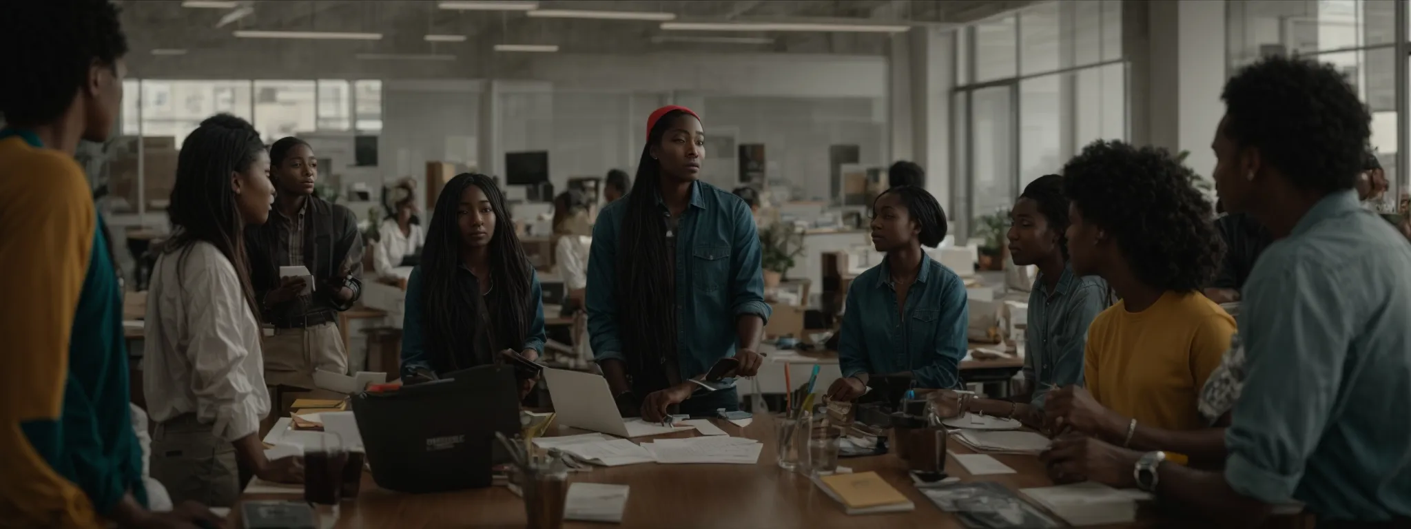 a diverse group of enthusiastic individuals gather around a modest, light-filled office space, deep in discussion over a shared project.