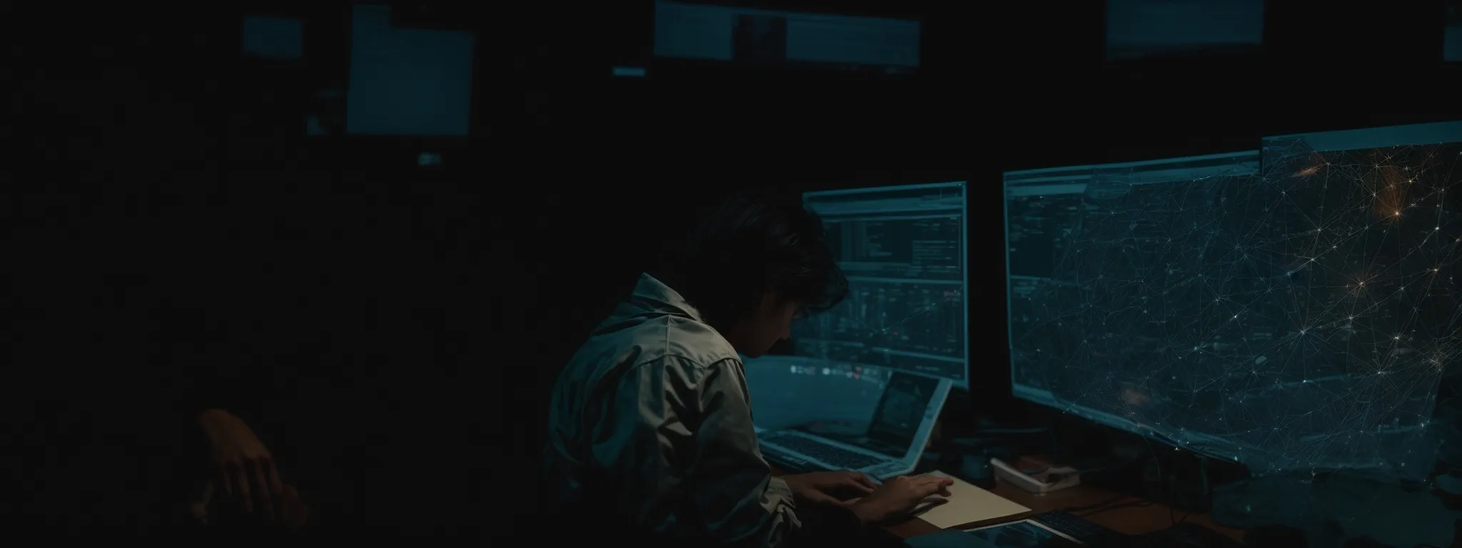 a person sits at a desk, intently studying an intricate web of connected nodes on a computer screen.