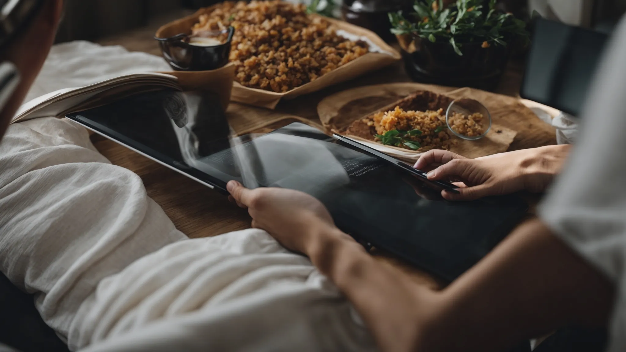 a focused individual intently scrolls through an extensive article on a tablet, immersed in the content.