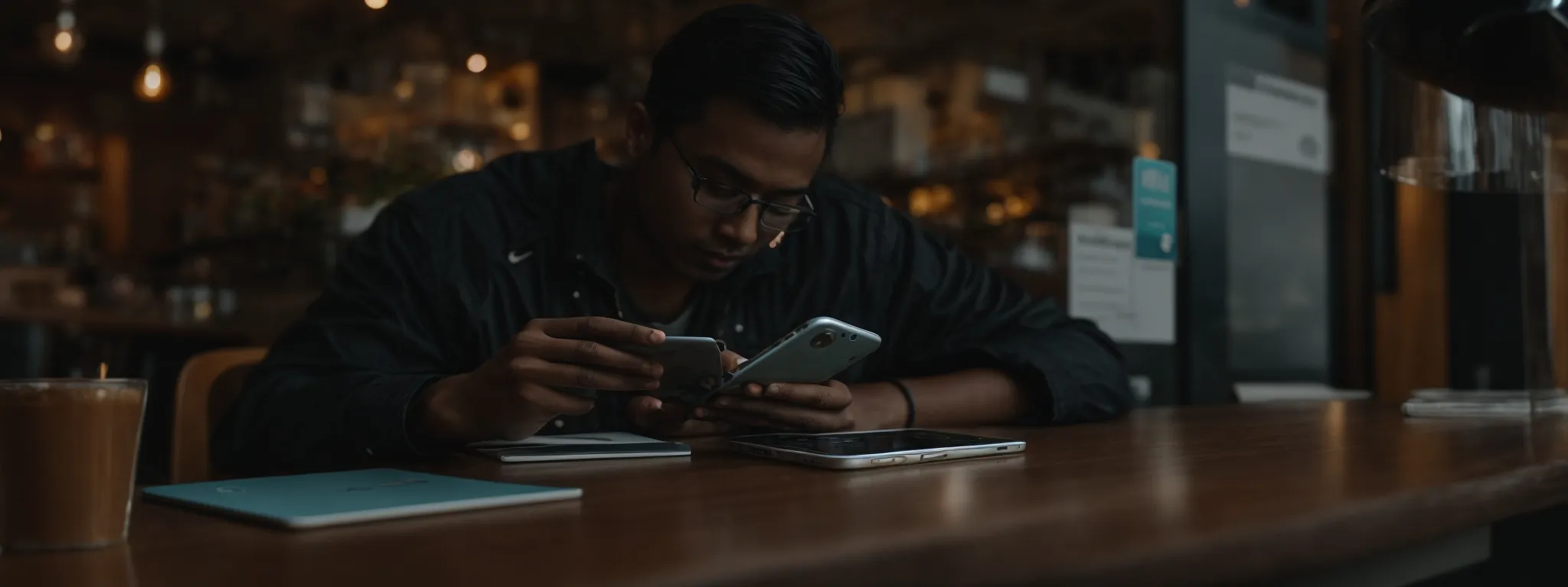 a person using a smartphone to browse a webpage while sitting at a cafe.