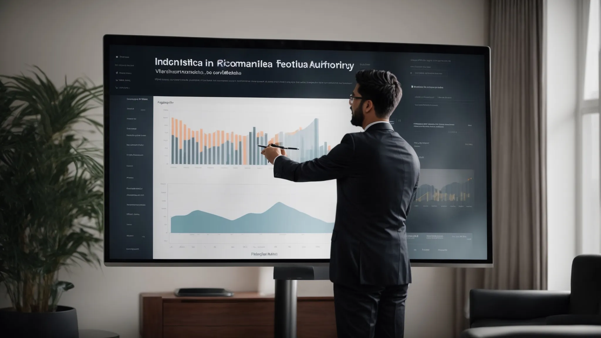a digital marketing strategist presents a growth chart on a screen indicating rising domain authority.