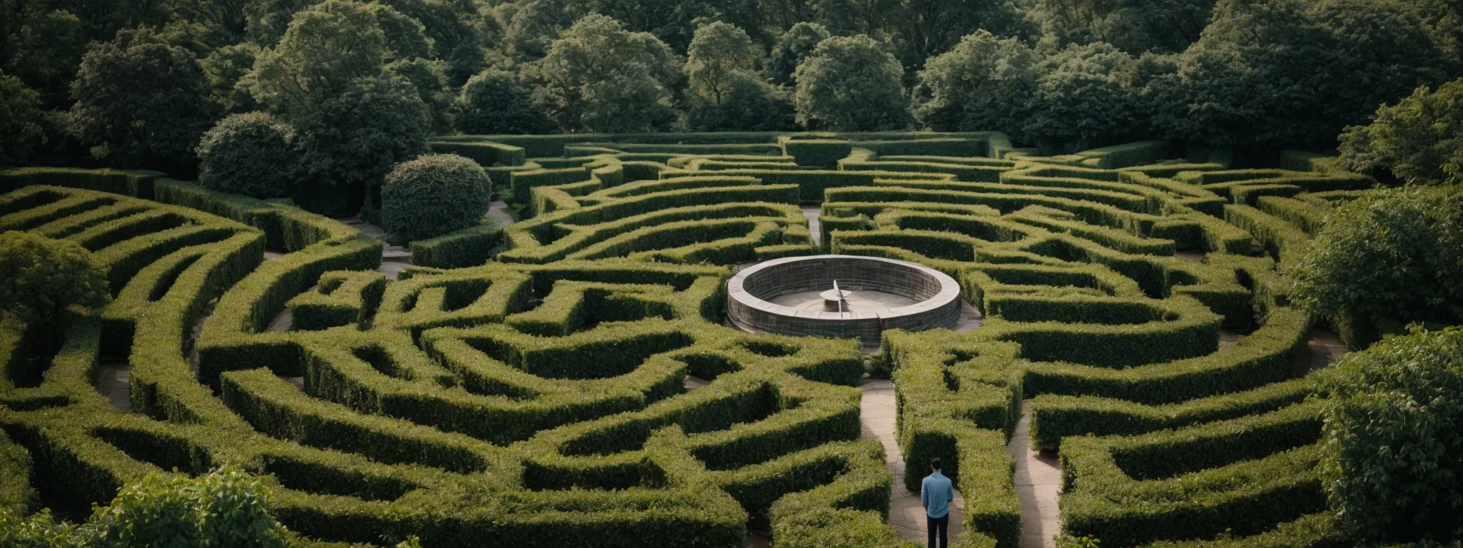 an individual stands before a maze entrance, gazing at an open compass and a map highlighting a path through the intricate hedges.