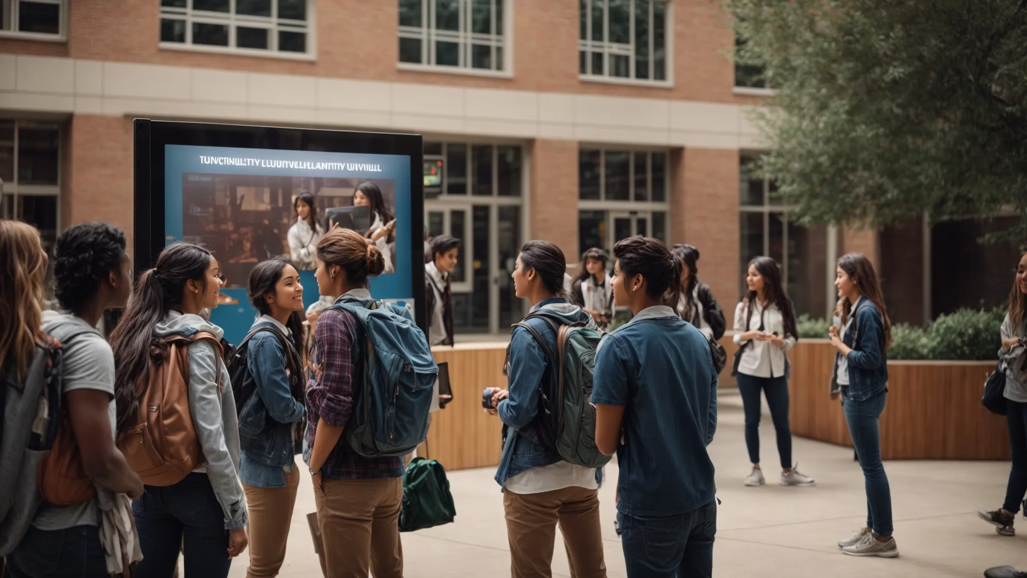 a lively college campus courtyard where students are gathered around an interactive digital kiosk showcasing university achievements and upcoming events.