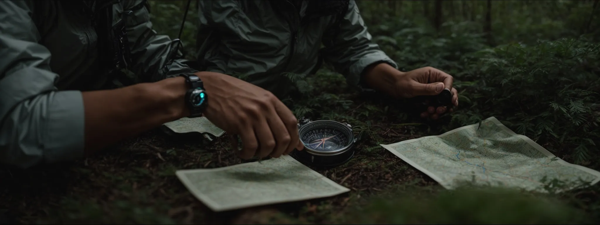 a person using a compass and map to navigate through a forest, symbolizing strategic direction in seo.