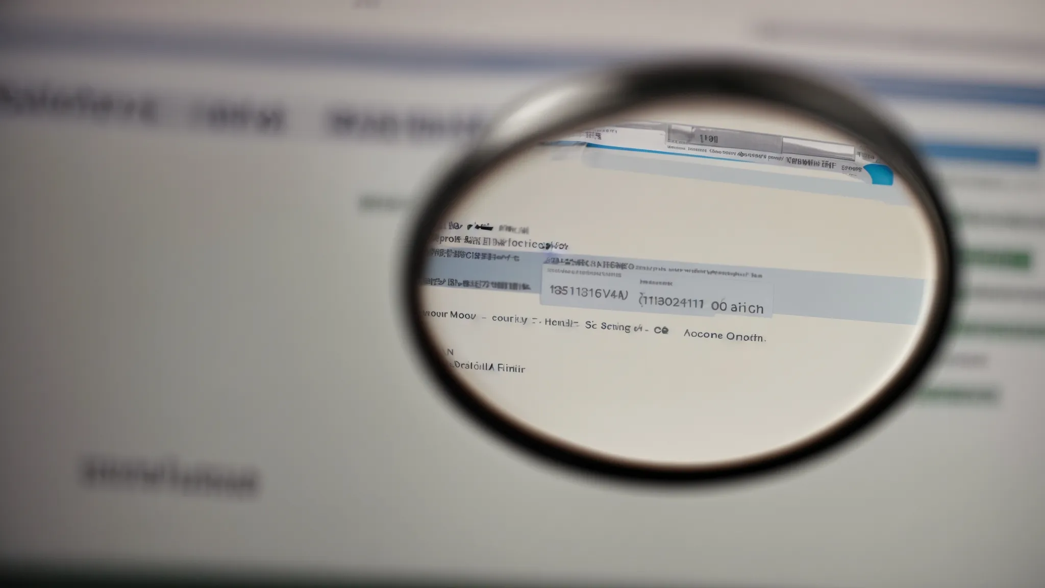 a magnifying glass hovering over a search bar on a computer screen, symbolizing the analysis of domain names for seo optimization.