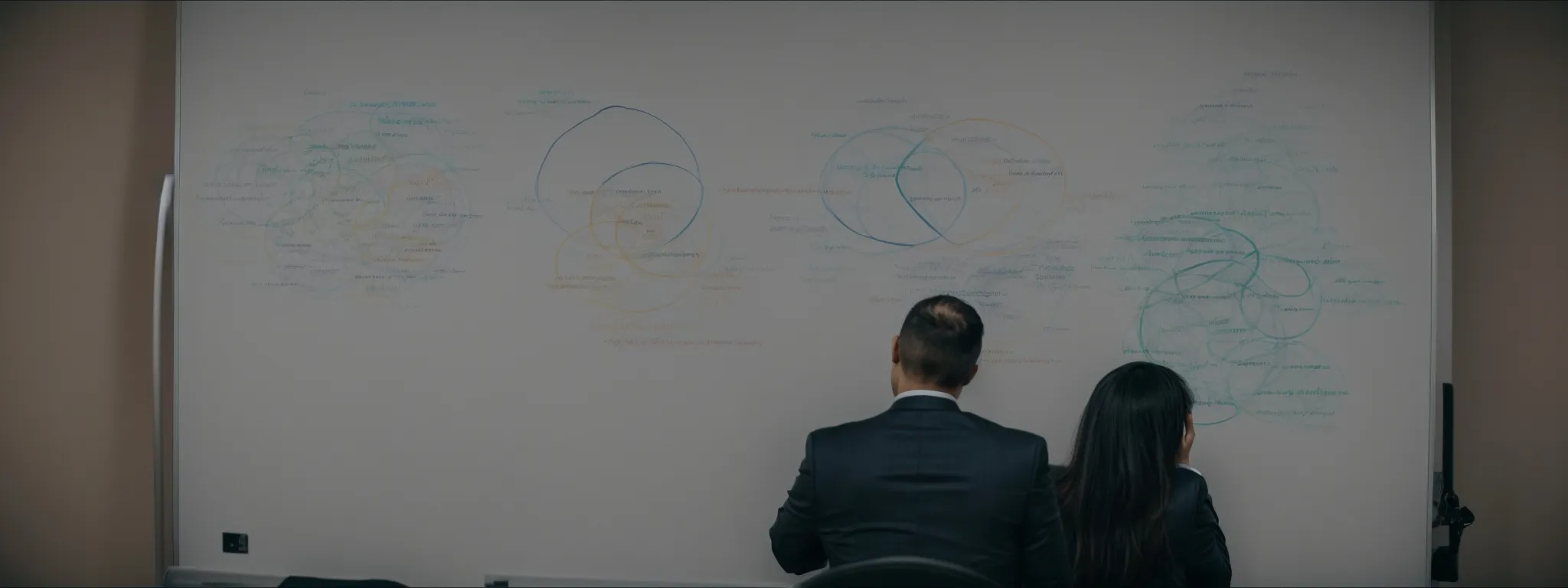 a marketing professional contemplating a venn diagram showing the overlap between seo and ppc strategies on a whiteboard.