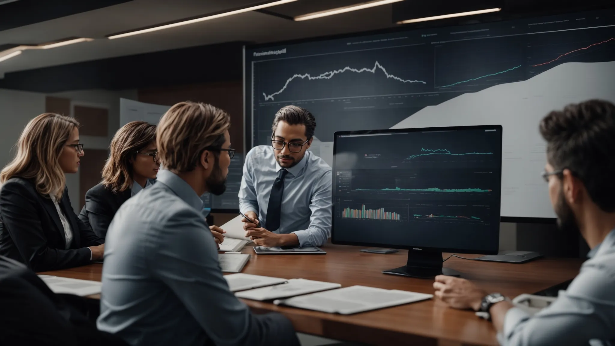 a group of business professionals brainstorming around a digital analytics dashboard displaying website traffic metrics.