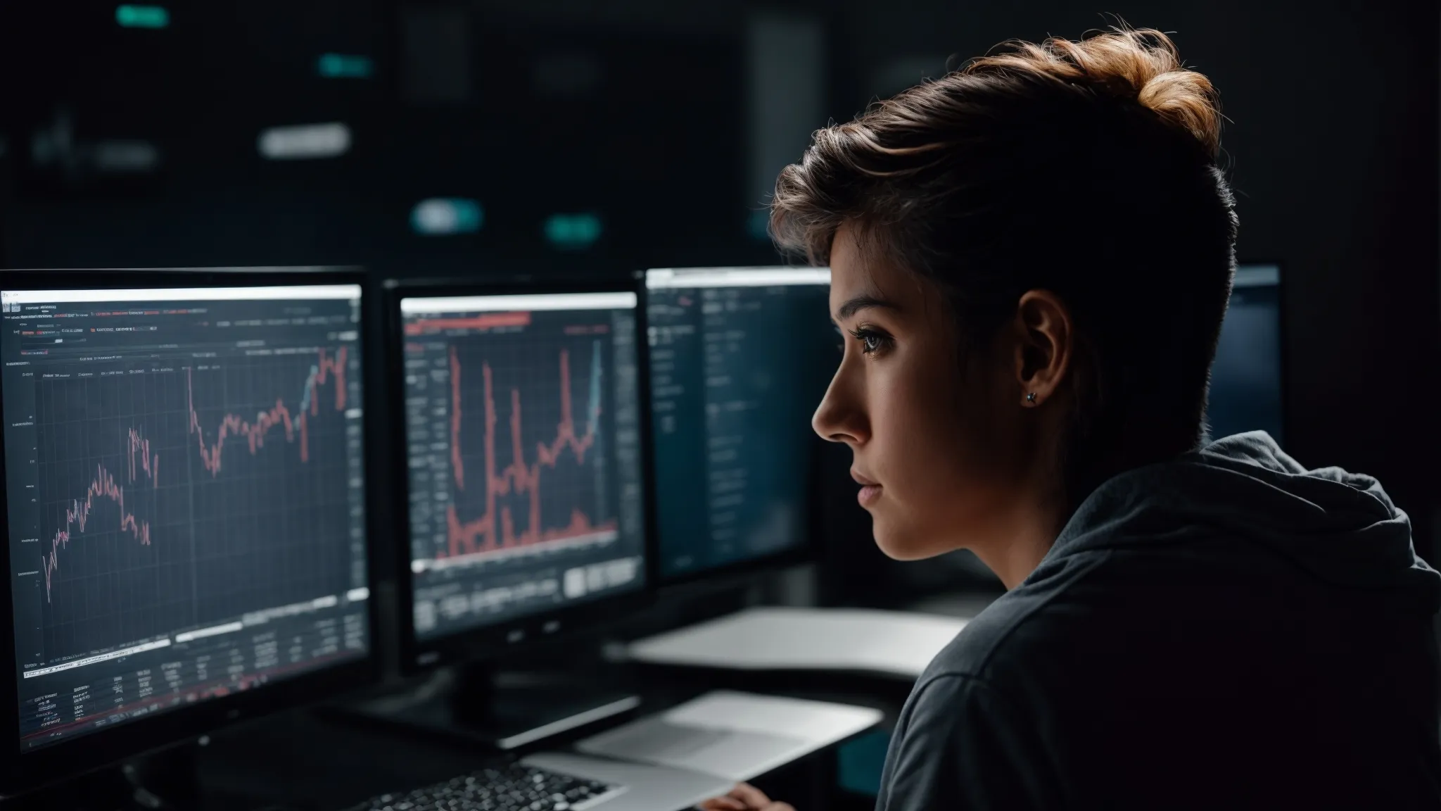 a person looking intently at a computer screen, analyzing graphs and charts related to website traffic and performance metrics.