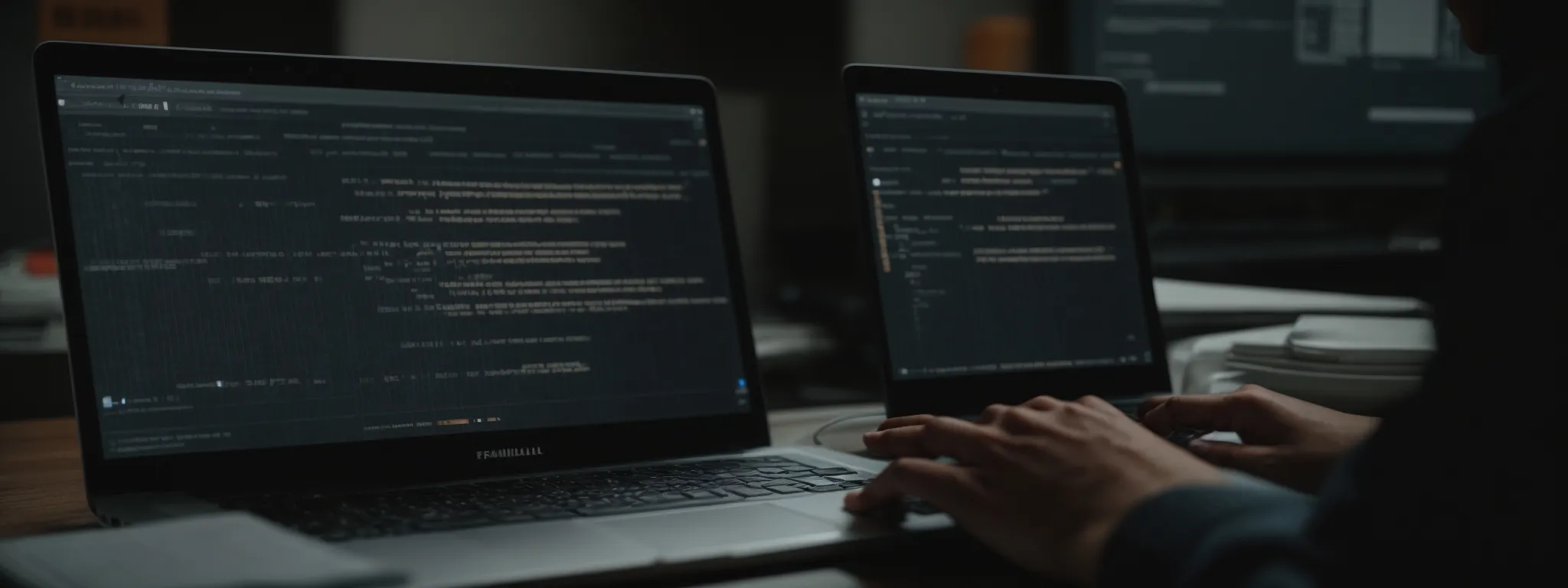 a person rapidly typing on a laptop with an open seo analysis tool visible on the screen, situated on a clean, modern desk.