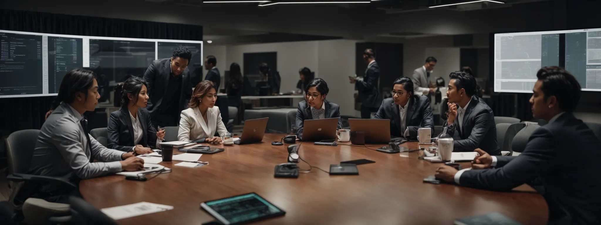 a group of marketers gathered around a large conference table, intensely discussing strategy over laptops displaying analytics dashboards.