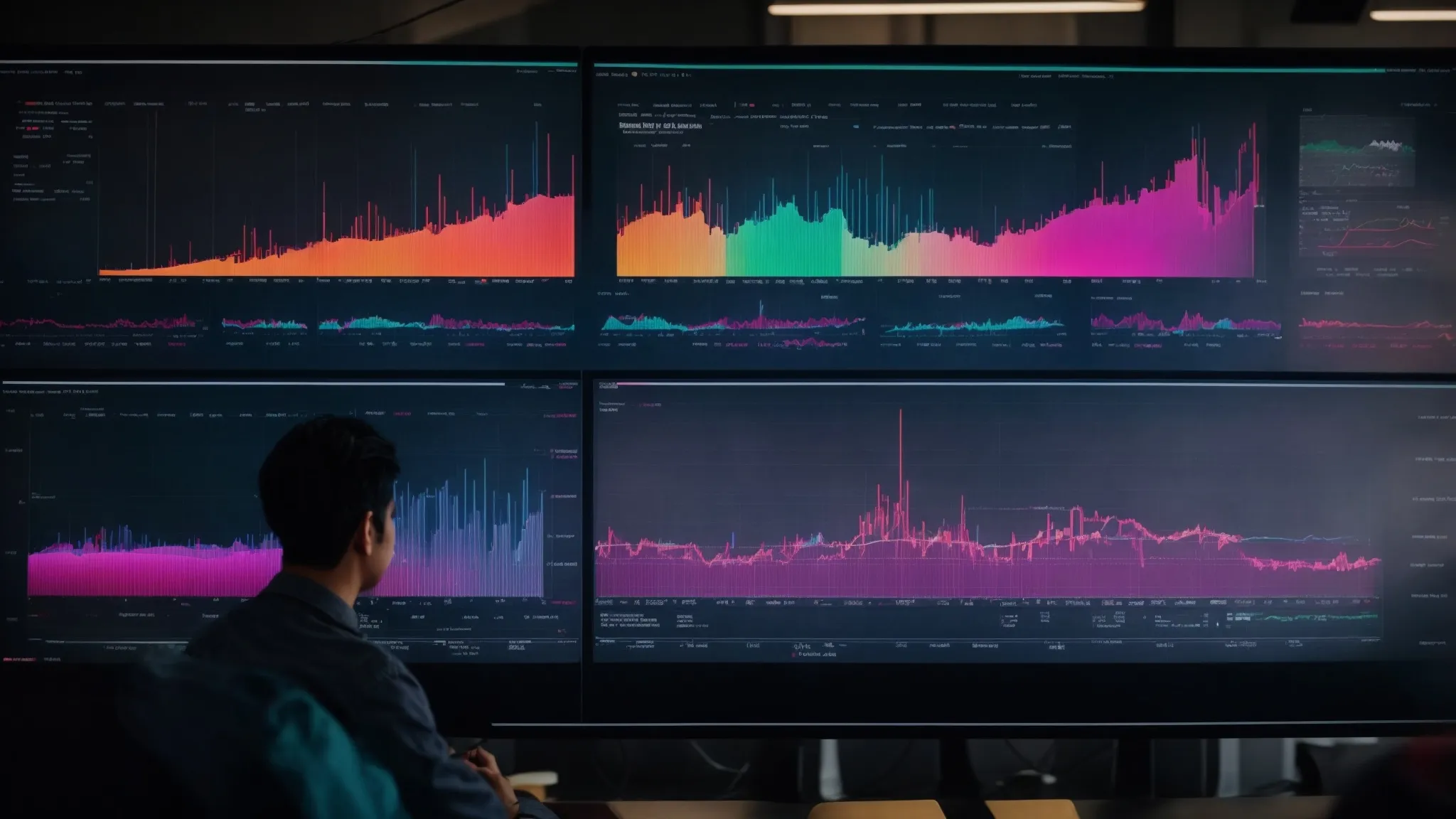 a person gazes intently at a large screen displaying colorful graphs and traffic data metrics for website analysis.