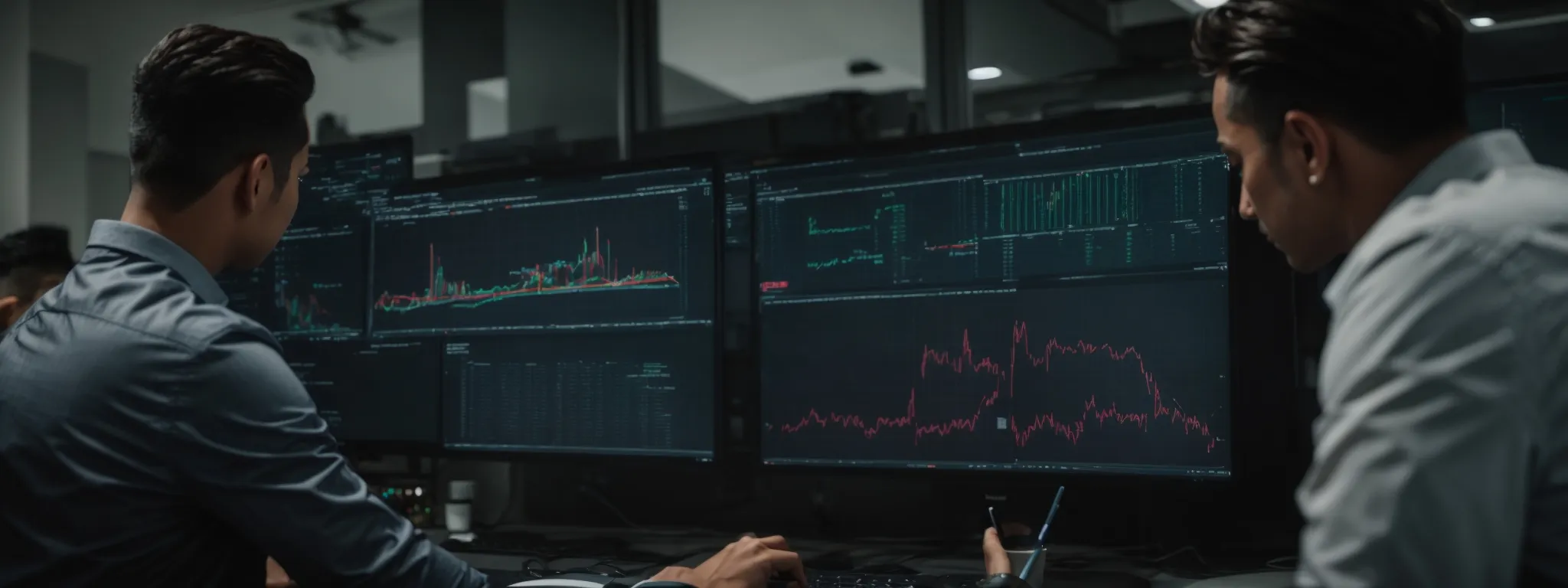 a digital marketing team analyzing charts and graphs on a computer screen for seo performance.