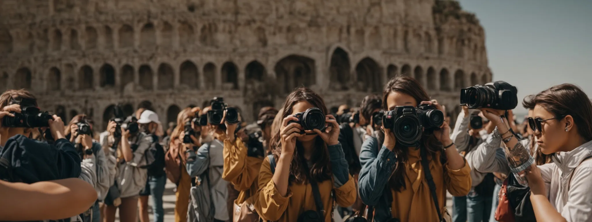 a group of tourists taking photos with their cameras and smartphones in front of a famous landmark.