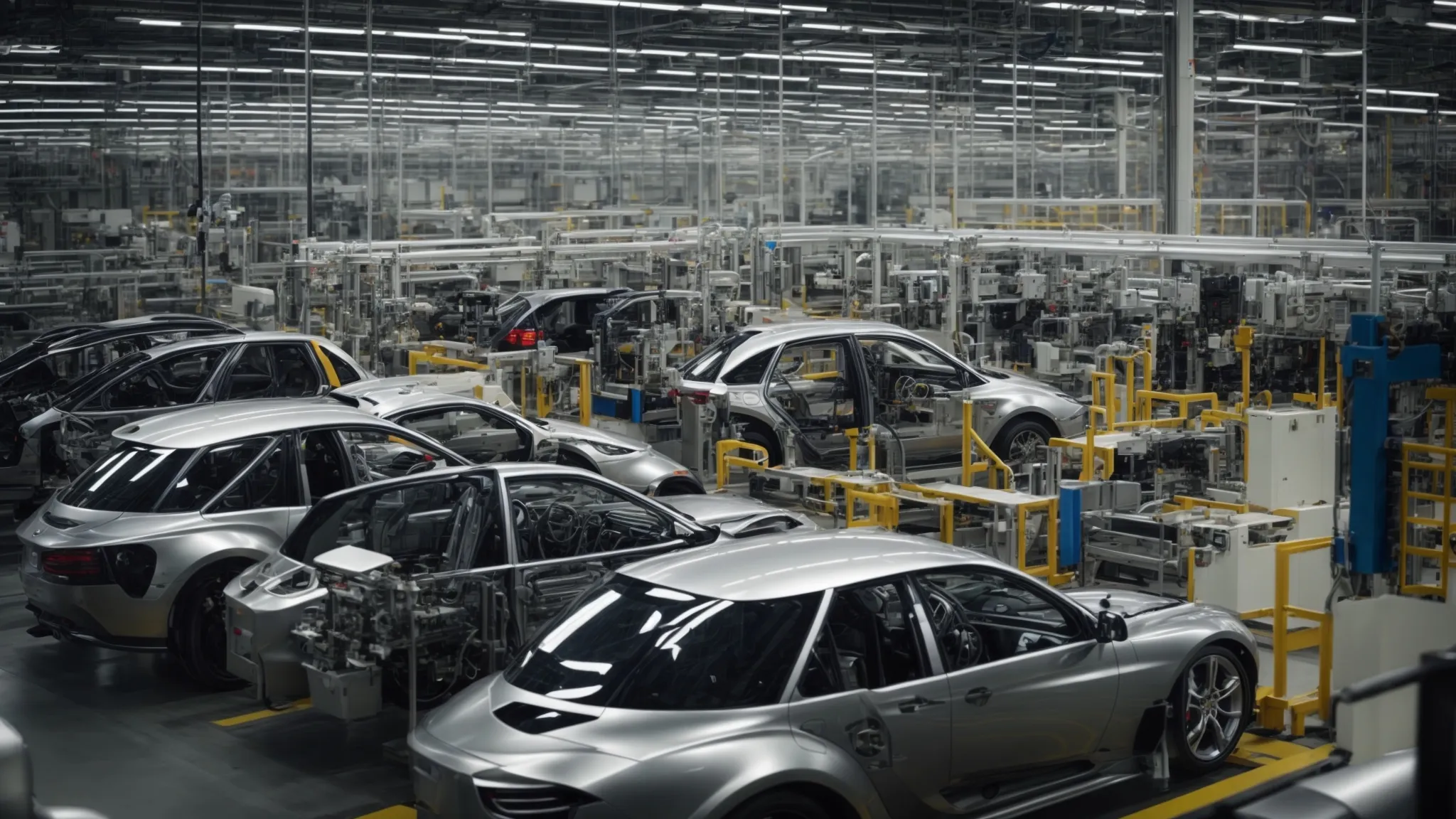 a panoramic view of an ultramodern car manufacturing assembly line.