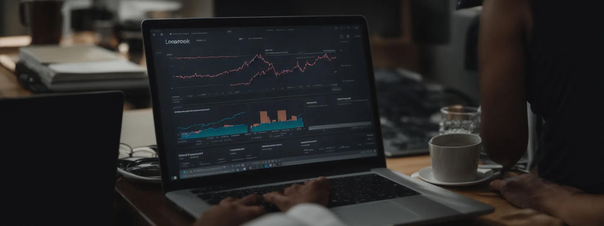 a professional working on a laptop with an organized display of website analytics and performance metrics on the screen.