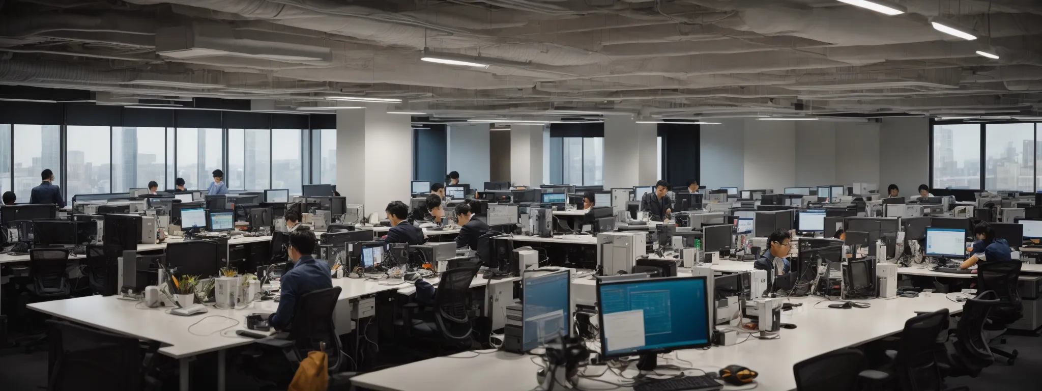 a bustling open office space with clusters of computers where diverse teams collaborate on international projects.