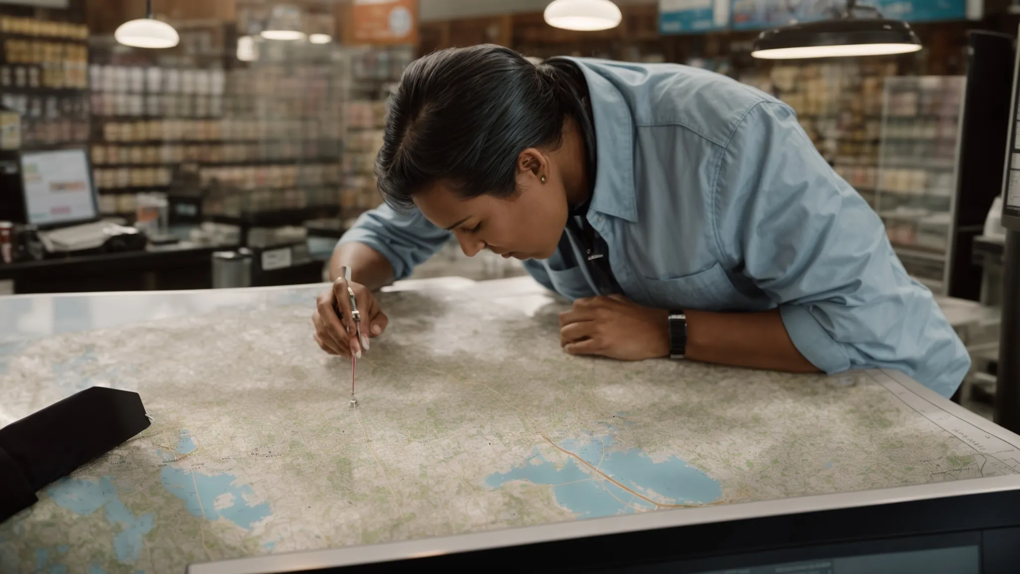 a store owner pins a location marker on a large city map while a computer screen nearby displays a local business directory.