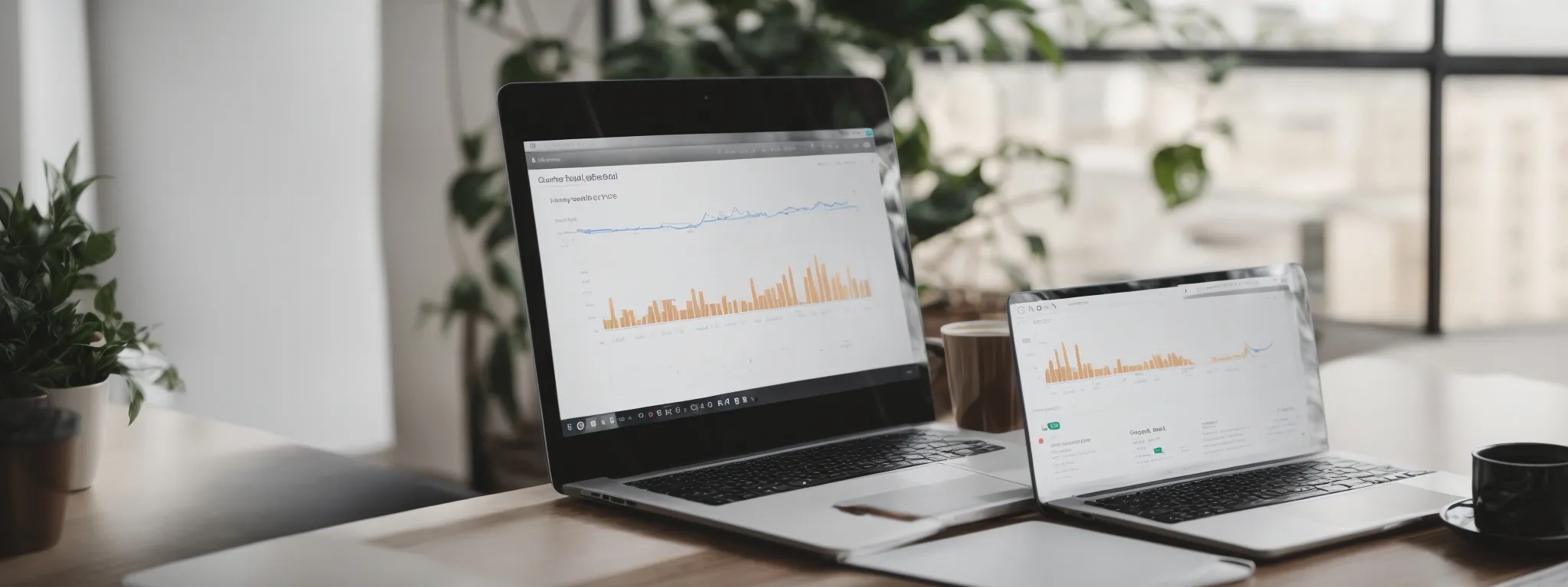 a computer screen displaying a graph of increasing seo rankings next to a pair of glasses and a cup of coffee.