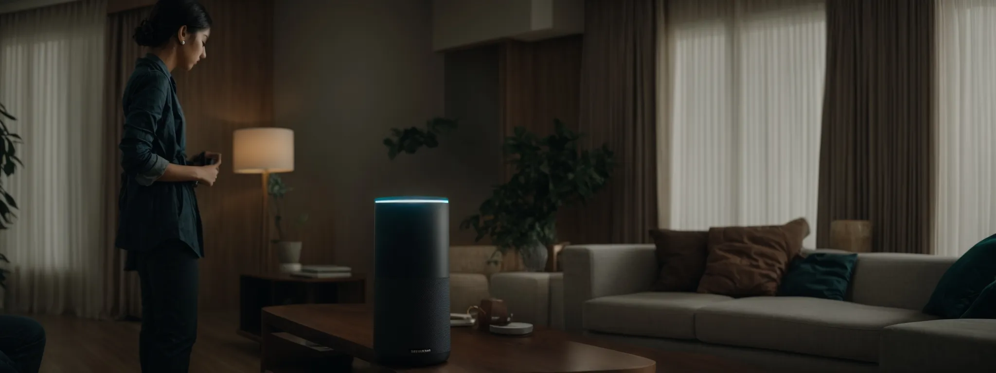 a person speaking to a smart speaker in a modern living room.