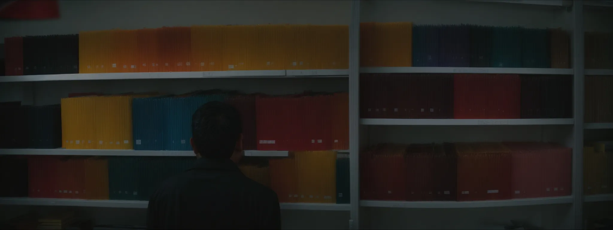 a person looking at an organized set of colorful, clearly labeled folders emerging from a computer screen.